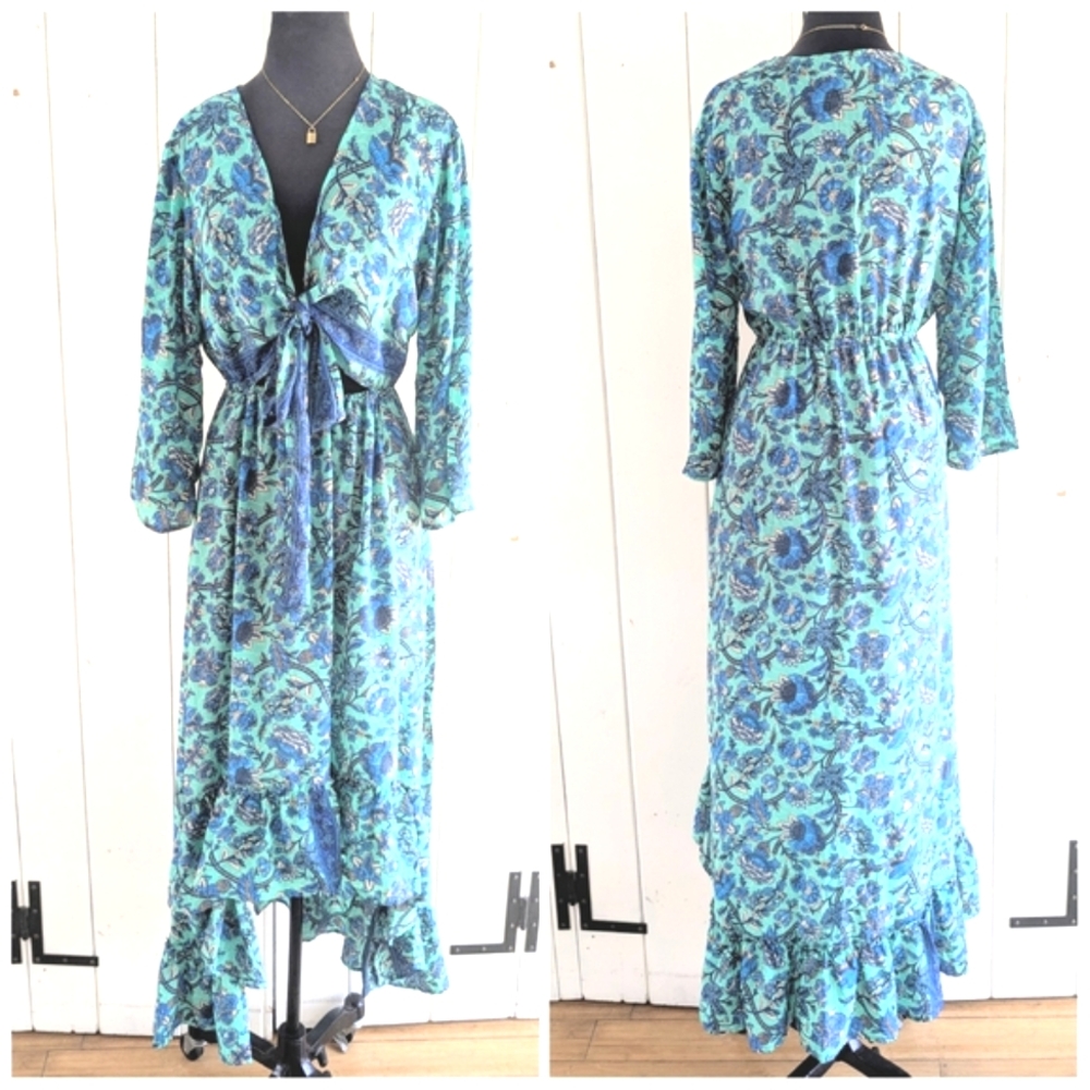 🌴Boho Tie Front Silk Blend  Maxi Dress sz M